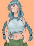  1girl absurdres aqua_hair bangs blush braid breasts cowboy_shot eyebrows_visible_through_hair eyes_closed eyes_visible_through_hair highres huge_breasts large_breasts long_hair midriff navel orange_background original parted_lips shirofugu shirt simple_background sleeveless smile solo tied_shirt twin_braids twintails 
