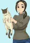  1girl absurdres animal aqua_background black_hair breasts brown_eyes cat commentary_request cowboy_shot denim grey_shirt highres holding holding_animal holding_cat jeans large_breasts long_hair long_sleeves looking_at_viewer motion_lines original pants ponytail shirofugu shirt sidelocks simple_background smile 