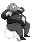  anthro belly belly_overhang big_belly burger claws clothed clothing eating eyes_closed felid food fur greyscale hi_res holding_food holding_object lion love_handles male mammal mane monochrome moobs obese obese_male open_mouth overweight overweight_male pantherine simple_background sitting solo submarine_sandwich teeth thick_thighs travisohara white_background 