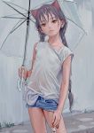  1girl animal_ears braid butterfly_earrings cat_ears fkey grey_hair head_tilt highres holding holding_umbrella long_hair original red_eyes shirt shorts single_braid sketch solo teruterubouzu transparent transparent_umbrella umbrella wet wet_clothes wet_hair white_shirt 