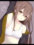  1girl ? armpits bangs bare_shoulders black_jacket blush bow bow_bra bra breasts brown_background brown_eyes brown_hair collarbone commentary_request eyebrows_visible_through_hair girls_frontline hair_between_eyes highres jacket leaning_to_the_side long_hair looking_at_viewer navel off_shoulder open_clothes open_jacket parted_lips ramchi signature simple_background small_breasts solo spoken_question_mark training_bra ump45_(girls_frontline) underwear upper_body very_long_hair white_bra 