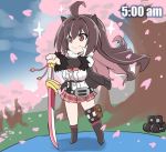 1girl ahoge asahi breasts brown_hair chibi cleavage female full_body horns large_breasts long_hair pointy_ears red_eyes rina_(taimanin_asagi) shiny shiny_skin skirt sky smile solo standing sword taimanin_(series) taimanin_asagi taimanin_rpgx tree weapon 