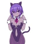  1girl animal_ears black_leotard breasts cat_ears cat_tail center_opening chan_co cleavage commentary_request cowboy_shot dark_skin detached_collar fate/grand_order fate/prototype fate/prototype:_fragments_of_blue_and_silver fate_(series) gluteal_fold hassan_of_serenity_(fate) kittysuit leotard looking_at_viewer medium_breasts neck_ribbon pantyhose purple_hair red_ribbon ribbon short_hair simple_background solo strapless strapless_leotard tail thigh_gap white_background wrist_cuffs 