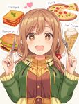  +_+ 1girl :d bangs belt blush brown_eyes brown_hair brown_shirt butter_knife buttons commentary_request eyebrows_visible_through_hair flower food fork green_jacket hair_flower hair_ornament hamburger hands_up heart holding holding_fork holding_knife ice_cream ice_cream_cone jacket knife kunikida_hanamaru lasagna_(food) long_hair long_sleeves looking_at_viewer love_live! love_live!_sunshine!! nagisa3710 open_clothes open_jacket open_mouth pizza red_flower shirt sidelocks smile solo upper_body upper_teeth 