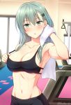  1girl :o abs aqua_hair areola_slip areolae armpits black_bra black_pants blush bra breasts cleavage collarbone commentary_request green_eyes gym hair_between_eyes hair_ornament hairclip highres indoors kanden_suki kantai_collection large_breasts long_hair looking_at_viewer navel off_shoulder pants parted_lips self_exposure shiny shiny_hair sideboob sidelocks skindentation solo sports_bra suzuya_(kantai_collection) sweat towel twitter_username underwear upper_body wiping_sweat 