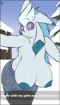  absurd_res anthro areola big_breasts blue_fur breasts clothing digital_media_(artwork) eeveelution english_text fan_character female frozen_yoghurt fur glaceon hair hi_res huge_breasts looking_at_viewer nintendo nipples pok&eacute;mon pok&eacute;mon_(species) quin-nsfw selfie simple_background smile snow solo text video_games 