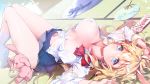  1girl absurdres animal_ears areola_slip areolae blonde_hair blue_eyes blush bra breasts breasts_apart bunny bunny_ears cleavage highres joy-con kanola_u large_breasts looking_at_viewer lying navel nintendo nintendo_switch nipples on_back open_mouth original stuffed_animal stuffed_toy tatami underwear uniform 