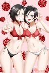  2girls alfred_cullado black_hair black_panties bra breasts gradient_hair grin highres medium_breasts multicolored_hair multiple_girls panties red_bra red_hair ruby_rose rwby short_hair silver_eyes smile two-tone_hair underwear white_panties 