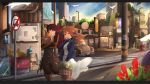  2girls aquarium bag baguette bird bread cafe car city cityscape flower food girls_frontline gloves ground_vehicle hair_flowing_over highres landscape m1903_springfield_(girls_frontline) motor_vehicle multiple_girls paper_bag recycle_bin renze_l road road_sign seagull sign spring_onion tree vegetable wa2000_(girls_frontline) wind 