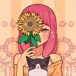 1girl animal artist_name bangs blunt_bangs blush cat covered_mouth flower hanaan holding holding_flower leaf long_hair off-shoulder_shirt off_shoulder one_eye_covered original pink_hair plant saturn shirt signature solo sparkle sunflower yellow_flower 