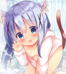  1girl :d all_fours animal_ear_fluff animal_ears bangs blue_eyes blue_hair blush breasts cat_ears cat_girl cat_tail claw_pose commentary_request eyebrows_visible_through_hair fang fingernails gochuumon_wa_usagi_desu_ka? hair_between_eyes hair_ornament hand_up hood hood_down hooded_jacket jacket kafuu_chino kemonomimi_mode long_hair long_sleeves open_clothes open_jacket open_mouth rikatan sleeves_past_wrists small_breasts smile solo tail tail_raised very_long_hair white_jacket x_hair_ornament 