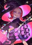  1girl :d black_dress black_hat dress glint hat heavy_splatling_(splatoon) highres holding legs_apart long_hair long_sleeves looking_at_viewer octarian octoling open_mouth red_hair smile solo sparkle splatoon_(series) standing tentacle_hair wizard_hat yamagishi_chihiro 