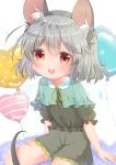  1girl absurdres adapted_costume animal_ears aqua_capelet ashino_chimado balloon black_shirt black_shorts buck_teeth capelet commentary_request eyebrows_visible_through_hair frilled_shorts frills grey_hair hair_between_eyes heart_balloon highres looking_at_viewer mouse_ears mouse_tail nazrin open_mouth puffy_short_sleeves puffy_sleeves red_eyes shirt short_hair short_sleeves shorts simple_background sitting solo tail touhou upper_teeth white_background 