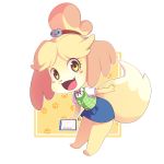  2019 absurd_res animal_crossing anthro blonde_hair blush canid canine canis clothing cristychan96 dipstick_tail domestic_dog female floppy_ears fur hair hair_ornament hi_res isabelle_(animal_crossing) mammal multicolored_tail nintendo open_mouth shih_tzu solo video_games white_fur yellow_fur 