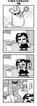  1girl 2boys 4koma :3 amane_(bkub) bangs bkub blush buck_teeth bunny comic door dress emphasis_lines eyebrows_visible_through_hair fang flower flying_sweatdrops greyscale hair_ornament hair_scrunchie halftone highres holding holding_flower honey_come_chatka!! kicking komikado_sachi long_hair monochrome multiple_boys one_side_up pointing pointing_at_self scrunchie security_guard shirt short_hair side_ponytail sidelocks simple_background sparkle speech_bubble standing swept_bangs talking translation_request two-tone_background 
