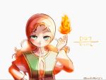  1girl blush breasts closed_mouth commentary_request curly_hair dragon_quest dragon_quest_vii dress fire green_eyes hat hood long_hair looking_at_viewer magic maribel_(dq7) red_hair simple_background solo white_background 