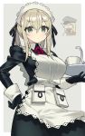  2girls alternate_costume apron bangs bismarck_(kantai_collection) black_dress black_gloves black_hat black_ribbon blonde_hair breasts chibi chibi_inset closed_mouth commentary_request cowboy_shot cup dress enmaided eyebrows_visible_through_hair eyes_closed gloves graf_zeppelin_(kantai_collection) green_eyes grey_background hair_between_eyes hair_ribbon hand_on_hip hat highres holding holding_tray itsumo_nokoru kantai_collection large_breasts light_blush long_hair long_sleeves looking_at_viewer maid maid_headdress milk_carton multiple_girls neck_ribbon peaked_cap pocket red_neckwear red_ribbon ribbon sidelocks simple_background sleeve_cuffs solo_focus sparkle teacup tray twintails v-shaped_eyebrows white_apron 
