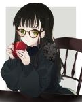  1girl black_dress black_hair black_shirt brown-framed_eyewear chair coffee_mug commentary_request cup dress earrings glasses green_eyes hands_up highres holding holding_cup jewelry kusaka_kou long_hair long_sleeves looking_at_viewer mug original parted_lips puffy_sleeves shirt sidelocks sitting smile solo table 