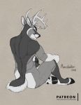  2019 antlers cervid cloven_hooves hooves horn male mammal monochrome nude pose richard_foley sitting solo 