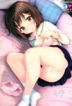  1girl after_anal after_vaginal aftersex anus areolae ass black_hair blush bra bra_pull breasts condom cum cum_on_body cum_on_lower_body feet female kisaragi_miyu long_sleeves lying masturbation nipples no_panties no_shoes nose_blush on_side original panties panties_removed pillow scan small_breasts socks solo stain striped striped_panties underwear white_legwear 