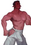  1boy abs absurdres bara bulge crotch erection highres likaou looking_at_viewer male_focus muscle nipples pecs pointy_ears purple_skin solo sweat topless undressing 