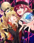  2girls :d blonde_hair chains collar dress earth_(ornament) hat hecatia_lapislazuli highres junko_(touhou) katayama_kei long_hair looking_at_viewer moon_(ornament) multiple_girls open_mouth outstretched_hand polos_crown red_eyes red_hair short_hair smile touhou 