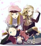  1boy 2girls ahoge beret blonde_hair blue_eyes braid breasts bridal_gauntlets capelet center_opening circlet cleavage closed_mouth drill_hair eponine_(fire_emblem_if) fire_emblem fire_emblem_if foleo_(fire_emblem_if) grey_eyes grey_hair gzo1206 hairband hat highres key keychain long_hair long_sleeves lying medium_breasts multiple_girls nintendo on_side one_eye_closed open_mouth ophelia_(fire_emblem_if) pink_hat single_braid sitting smile trap 