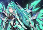  1girl armor bangs blush breasts cocoasabure earrings elbow_gloves gem gloves glowing green_eyes green_hair hair_ornament headpiece highres jewelry large_breasts long_hair looking_at_viewer mechanical_wings night nintendo pneuma_(xenoblade_2) ponytail sky smile solo spoilers star_(sky) starry_sky swept_bangs tiara very_long_hair wings xenoblade_(series) xenoblade_2 