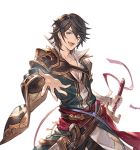  1boy ;d black_hair blue_eyes cain_(granblue_fantasy) granblue_fantasy male_focus minaba_hideo official_art one_eye_closed open_mouth outstretched_hand pants popped_collar smile solo sword transparent_background weapon white_day white_pants wide_sleeves 