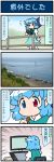  1girl 4koma artist_self-insert blue_eyes blue_hair blue_sky chair comic commentary_request desk drawing_tablet fence gradient gradient_background heterochromia highres holding holding_umbrella juliet_sleeves long_sleeves mizuki_hitoshi monitor ocean office_chair open_mouth oriental_umbrella photo puffy_sleeves red_eyes short_hair skirt sky smile solo standing sweatdrop tatara_kogasa touhou translation_request umbrella vest 