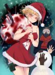  1boy 1girl antlers bare_shoulders blonde_hair blood bloody_knife bloody_weapon blush boku_no_hero_academia bubaigawara_jin dress fur-trimmed_dress fur_trim hat holding horns knife messy_hair nashimo_(artist) red_dress sack santa_costume santa_hat sleeveless sleeveless_dress smile strapless strapless_dress thigh_strap toga_himiko weapon yellow_eyes 