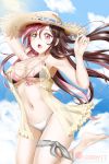  1girl :o alfred_cullado barefoot bikini blue_ribbon blue_sky breasts brown_eyes brown_hair cleavage cloud collarbone floating_hair hair_between_eyes hat hat_ribbon heterochromia highres large_breasts leg_up long_hair looking_at_viewer multicolored_hair neo_(rwby) open_mouth patreon_logo pink_eyes pink_hair ribbon rwby see-through sidelocks sky solo standing standing_on_one_leg straw_hat sun_hat swimsuit thigh_ribbon two-tone_hair underboob very_long_hair white_bikini_bottom 