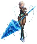  1girl absurdres armor artist_request bangs blue_eyes bodysuit breasts character_request closed_mouth commentary_request covered_navel eyebrows_visible_through_hair full_body gloves highres holding holding_weapon large_breasts looking_at_viewer neon_trim official_art polearm shiny shiny_clothes simple_background skin_tight solo spear standing taimanin_(series) taimanin_asagi_kessen_arena thighhighs water water_drop weapon white_background white_hair 