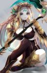  1girl absurdres asima black_legwear blonde_hair breasts cappu cleavage elf forehead_tattoo gloves green_eyes grey_background highres long_hair looking_at_viewer multicolored_hair pointy_ears scar scar_across_eye scythe single_thighhigh sitting solo streaked_hair summoners_war thighhighs white_hair yellow_gloves 