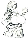  1girl belt bianca bracelet braid breasts cape crystal_ball dragon_quest dragon_quest_v dress erect_nipples eyes_visible_through_hair huge_breasts jewelry long_hair monochrome one_eye_closed open_mouth short_sleeves shoulder_pads side_braid sketch smile solo space_jin wink 