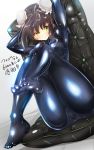  1girl arms_up bangs black_hair blush bodysuit breasts bun_cover cameltoe closed_mouth commentary_request crotch double_bun erect_nipples eyebrows_visible_through_hair fate/grand_order fate_(series) green_eyes highres knee_up latex_bodysuit medium_breasts qin_liangyu_(fate) shiny sidelocks simple_background sitting skin_tight smile solo taut_clothes thighs toyono_kitsune 