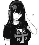  1girl bangs black_eyes black_hair black_shirt commentary elbow english_commentary eyebrows hand_on_own_head headphones highres listening_to_music long_hair looking_to_the_side monochrome musical_note my_chemical_romance naoko_(9113419) open_mouth original shirt simple_background solo straight_hair t-shirt white_background wire 