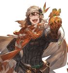  1boy bandanna belt brown_gloves cape eyes_closed gift gloves granblue_fantasy hand_on_hip incoming_gift long_hair male_focus minaba_hideo nezahualpilli official_art open_mouth orange_scarf pouch scarf smile solo transparent_background white_day 