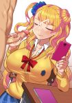  1boy 1girl bangs blonde_hair blush breasts cellphone censored chair closed_mouth clothed_female_nude_male cum desk earrings ejaculation erect_nipples eyebrows_visible_through_hair eyes_closed galko hair_bun handjob jewelry large_breasts long_hair long_sleeves nail_polish nt00 nude oshiete!_galko-chan penis phone pleated_skirt school_uniform side_ponytail sitting skirt smartphone 