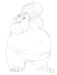  anthro barefoot belly belly_overhang big_belly biglovealicia black_and_white claws clothed clothing drinking fur hi_res holding_object hyper hyper_belly keg male mammal monochrome obese obese_male overweight overweight_male simple_background solo standing thick_thighs toe_claws ursid ursine white_background wide_hips 