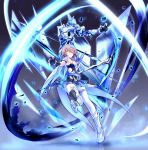  1girl armor armored_dress bangs bare_shoulders belt black_gloves blue_legwear breasts detached_collar elbow_gloves full_body gloves grey_hair hair_ornament hair_over_one_eye hand_up highres holding holding_scythe honkai_(series) honkai_impact_3 large_breasts light_particles looking_at_viewer mole mole_under_eye red_eyes rita_rossweisse rita_rossweisse_(artemis) scythe shinachiku_(uno0101) short_hair sidelocks smile thighhighs weapon 