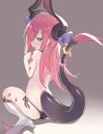  1girl ass bangs black_panties blade_(galaxist) blue_eyes blush boots commentary_request curled_horns dragon_girl dragon_horns dragon_tail elizabeth_bathory_(fate) elizabeth_bathory_(fate)_(all) eyebrows_visible_through_hair fate/extra fate/extra_ccc fate_(series) hair_between_eyes hair_ribbon high_heel_boots high_heels horns knee_boots long_hair nose_blush open_mouth panties pink_hair profile purple_ribbon ribbon shoe_soles side-tie_panties sitting solo spiked_boots spiked_footwear spikes tail tail_raised topless two_side_up underwear underwear_only very_long_hair wariza 