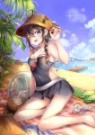  1girl alternate_costume ball beachball black_hair blue_eyes blush braid breasts cloud eyebrows_visible_through_hair flower hair_between_eyes hair_over_shoulder hat hat_flower highres kantai_collection long_hair mashiro_aa neckerchief ocean open_mouth palm_tree sandals shigure_(kantai_collection) sitting small_breasts straw_hat swimsuit tree yokozuwari 