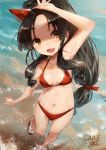  1girl alternate_costume bikini black_hair blush breasts brown_eyes high_ponytail highres kantai_collection long_hair multi-tied_hair nisshin_(kantai_collection) ocean open_mouth red_bikini sandals short_eyebrows small_breasts solo swimsuit thick_eyebrows toka_(marchlizard) very_long_hair 