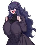  1girl @_@ ahoge al_bhed_eyes alternate_breast_size bags_under_eyes black_sweater breasts clenched_hands creatures_(company) curvy dress erect_nipples game_freak hair_between_eyes hairband happy hex_maniac_(pokemon) highres huge_breasts long_dress long_hair matching_hair/eyes messy_hair nail_polish nintendo open_mouth pokemon pokemon_(game) pokemon_xy purple_dress purple_eyes purple_hair purple_hairband purple_nails ribbed_sweater simple_background smile solo space_jin spider_web_print sweater turtleneck turtleneck_sweater white_background 