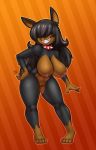  2019 anthro areola black_hair breasts canid canine canis collar conditional_dnp doberman domestic_dog female hair hair_over_eyes long_hair mammal nipples nude pussy signature smile solo spiked_collar spikes teckworks 
