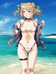  1girl alternate_costume beach bikini blue_jacket blue_sky blush breasts closed_mouth cloud destroyer eyebrows_visible_through_hair hair_bun jacket kantai_collection light_brown_hair michishio_(kantai_collection) military military_vehicle navel ocean sameha_ikuya ship short_twintails sky small_breasts sportswear swimsuit twintails warship watercraft white_bikini yellow_eyes 