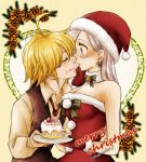  1boy 1girl antenna_hair blonde_hair blush breasts cleavage collarbone dress earrings elizabeth_liones eyes_closed food food_on_face from_side fur-trimmed_dress fur-trimmed_gloves fur-trimmed_hat fur_trim gloves grey_eyes harumiya hat holding holding_plate imminent_kiss jewelry long_hair long_sleeves meliodas nanatsu_no_taizai necktie plate red_dress red_gloves red_hat red_neckwear santa_gloves santa_hat shirt shocker silver_hair sleeveless sleeveless_dress strapless strapless_dress striped striped_background upper_body yellow_shirt 