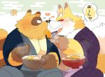  &lt;3 2019 anthro black_nose blush canid canine clothing duo eating eyes_closed food fox humanoid_hands hyaku1063 japanese_text male mammal moobs overweight overweight_male raccoon_dog robe simple_background sitting tanuki text 