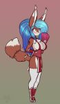  anthro blue_eyes blue_hair blush brown_fur chest_tuft clothed clothing cosplay countershade_torso countershading dipstick_ears dipstick_tail ear_tuft fatal_fury felid feline female fingerless_gloves folding_fan full_portrait fur gloves gradient_background hair hi_res holding_object king_of_fighters legwear loincloth lynx mai_shiranui mammal multicolored_tail ponytail scorpdk simple_background skimpy smile socks solo stirrup_socks tailband tan_countershading thigh_highs tuft zircona_(scorpdk) 